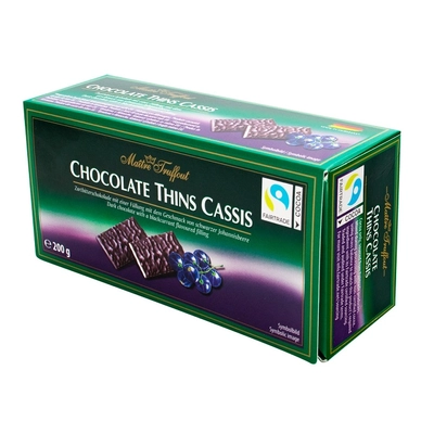 Maitre T. Chocolate Mints Cassis feketeribizli ízű töltelékkel töltött étcsokoládé 200G